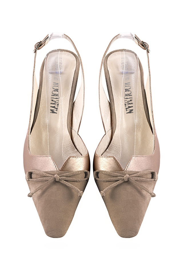 Dress slingback bow heels in tan beige leather with kitten heels and tapered toe - Top view